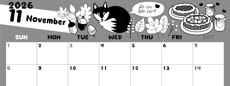 2026年11月横型モノクロの日曜始まり アップルパイのイラストがかわいいA4無料白黒カレンダー(2026-00381100)