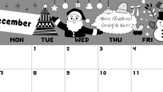 2026年12月横型モノクロの日曜始まり サンタのイラストがかわいいA4無料白黒カレンダー(2026-00381200)