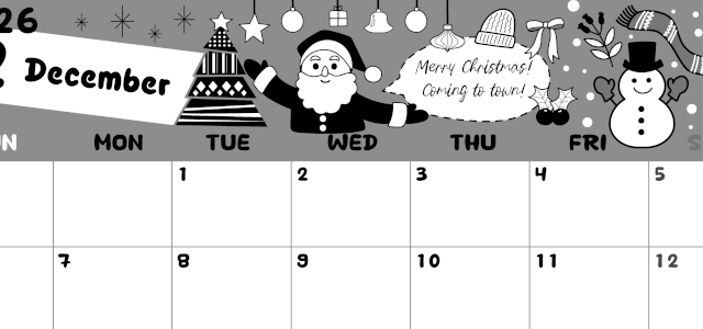 2026年12月横型モノクロの日曜始まり サンタのイラストがかわいいA4無料白黒カレンダー(2026-00381200)
