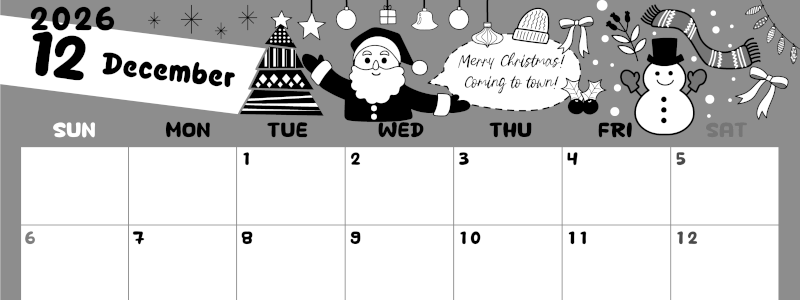 2026年12月横型モノクロの日曜始まり サンタのイラストがかわいいA4無料白黒カレンダー(2026-00381200)