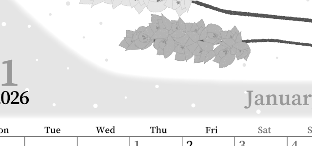 2026年1月縦型モノクロの月曜始まり 花イラストのおしゃれA4無料白黒カレンダー(2026-00390111)
