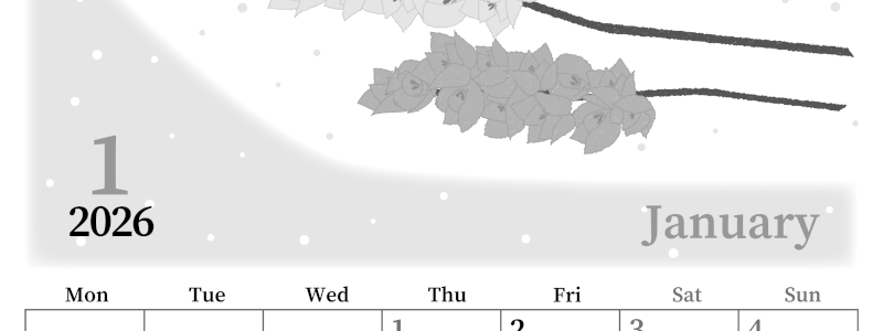 2026年1月縦型モノクロの月曜始まり 花イラストのおしゃれA4無料白黒カレンダー(2026-00390111)