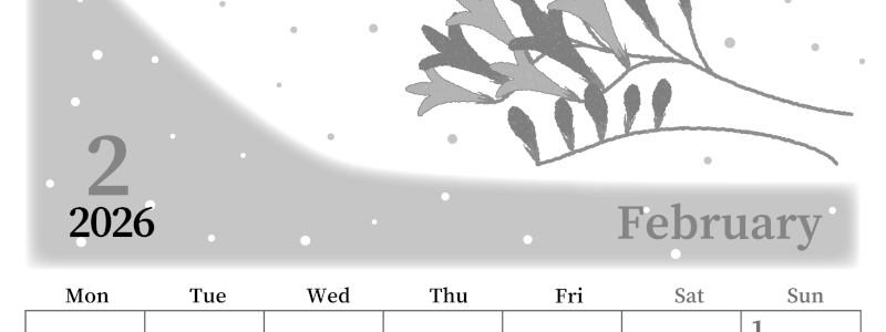 2026年2月縦型モノクロの月曜始まり 花がおしゃれなイラストA4無料白黒カレンダー(2026-00390211)