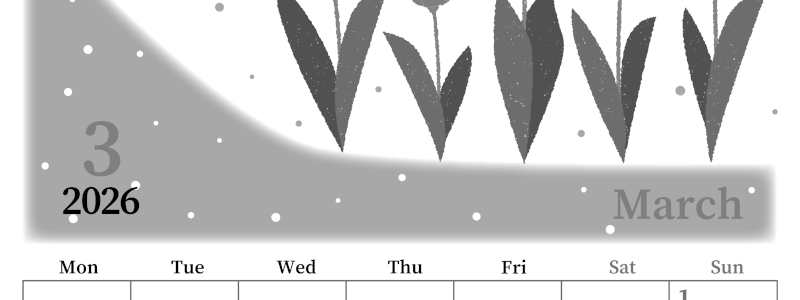 2026年3月縦型モノクロの月曜始まり チューリップイラストのおしゃれA4無料白黒カレンダー(2026-00390311)