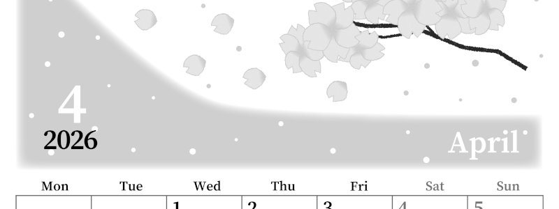 2026年4月縦型モノクロの月曜始まり 春のイラストのおしゃれA4無料白黒カレンダー(2026-00390411)