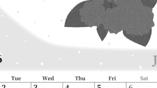 2026年6月縦型モノクロの月曜始まり 薔薇イラストのおしゃれA4無料白黒カレンダー(2026-00390611)