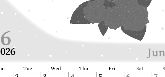 2026年6月縦型モノクロの月曜始まり 薔薇イラストのおしゃれA4無料白黒カレンダー(2026-00390611)
