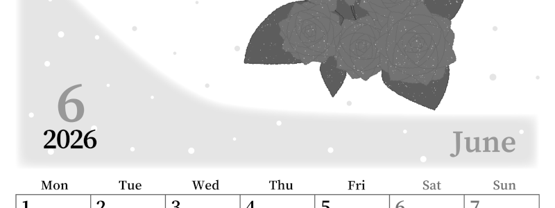 2026年6月縦型モノクロの月曜始まり 薔薇イラストのおしゃれA4無料白黒カレンダー(2026-00390611)