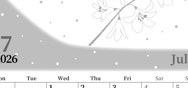 2026年7月縦型モノクロの月曜始まり 白ユリのイラストがおしゃれなA4無料白黒カレンダー(2026-00390711)