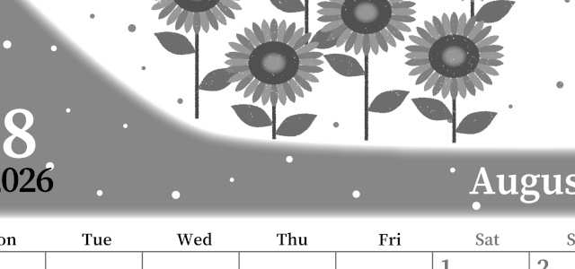 2026年8月縦型モノクロの月曜始まり 季節の花イラストのおしゃれA4無料白黒カレンダー(2026-00390811)