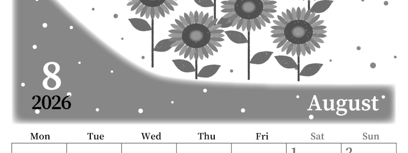 2026年8月縦型モノクロの月曜始まり 季節の花イラストのおしゃれA4無料白黒カレンダー(2026-00390811)