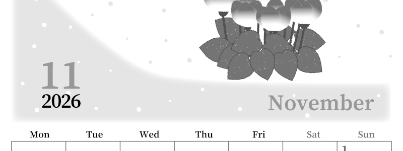 2026年11月縦型モノクロの月曜始まり シクラメンがおしゃれなイラストA4無料白黒カレンダー(2026-00391111)
