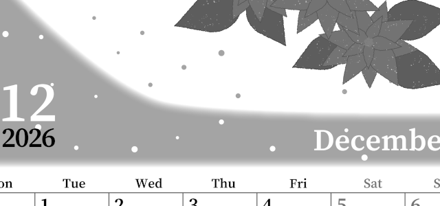 2026年12月縦型モノクロの月曜始まり ポインセチアがおしゃれなイラストA4無料白黒カレンダー(2026-00391211)