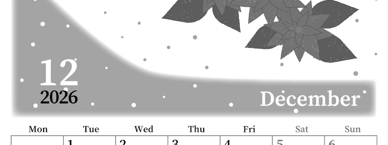 2026年12月縦型モノクロの月曜始まり ポインセチアがおしゃれなイラストA4無料白黒カレンダー(2026-00391211)