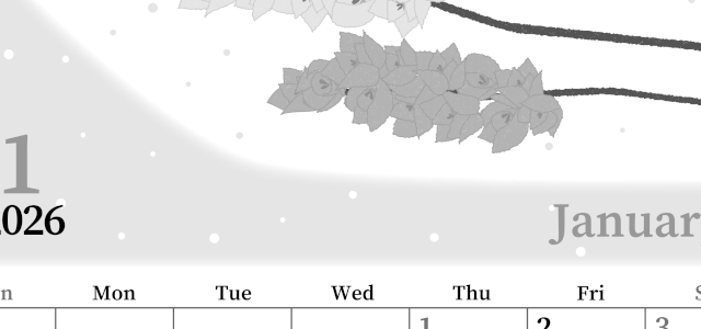 2026年1月縦型モノクロの日曜始まり 花イラストのおしゃれA4無料白黒カレンダー(2026-00390110)
