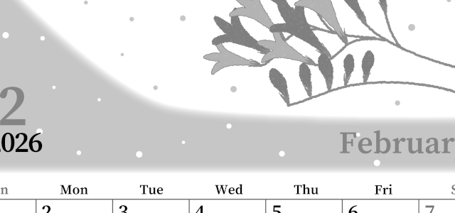 2026年2月縦型モノクロの日曜始まり 花がおしゃれなイラストA4無料白黒カレンダー(2026-00390210)