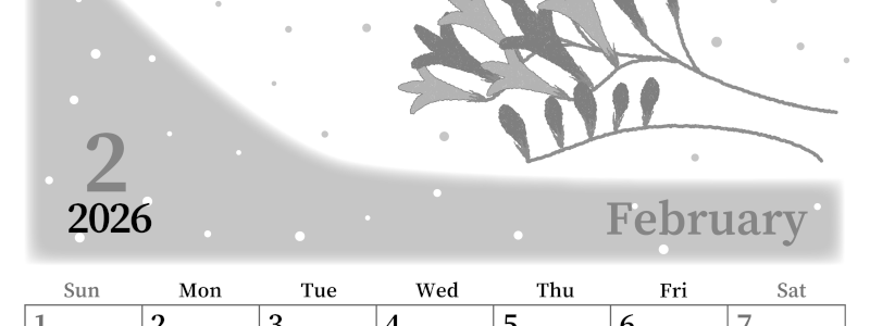 2026年2月縦型モノクロの日曜始まり 花がおしゃれなイラストA4無料白黒カレンダー(2026-00390210)