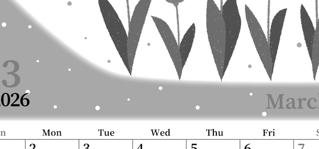 2026年3月縦型モノクロの日曜始まり チューリップイラストのおしゃれA4無料白黒カレンダー(2026-00390310)