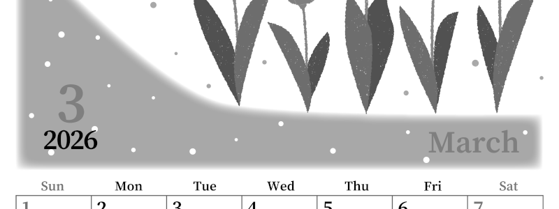 2026年3月縦型モノクロの日曜始まり チューリップイラストのおしゃれA4無料白黒カレンダー(2026-00390310)