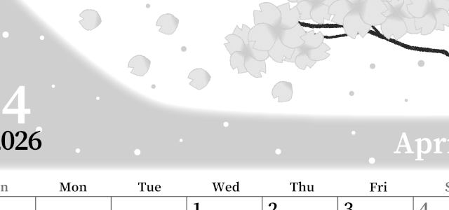 2026年4月縦型モノクロの日曜始まり 春のイラストのおしゃれA4無料白黒カレンダー(2026-00390410)