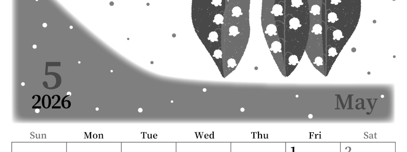 2026年5月縦型モノクロの日曜始まり 草花イラストのおしゃれA4無料白黒カレンダー(2026-00390510)