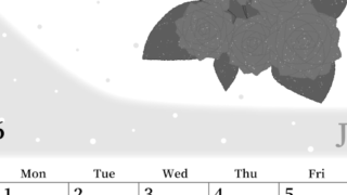 2026年6月縦型モノクロの日曜始まり 薔薇イラストのおしゃれA4無料白黒カレンダー(2026-00390610)