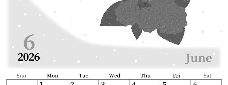 2026年6月縦型モノクロの日曜始まり 薔薇イラストのおしゃれA4無料白黒カレンダー(2026-00390610)