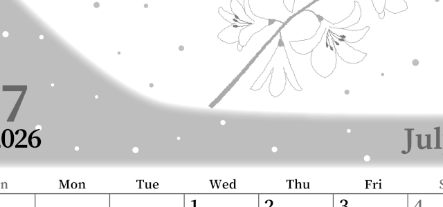 2026年7月縦型モノクロの日曜始まり 白ユリのイラストがおしゃれなA4無料白黒カレンダー(2026-00390710)