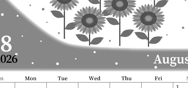 2026年8月縦型モノクロの日曜始まり 季節の花イラストのおしゃれA4無料白黒カレンダー(2026-00390810)