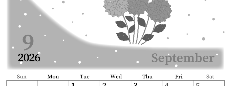 2026年9月縦型モノクロの日曜始まり マリーゴールドがおしゃれなイラストA4無料白黒カレンダー(2026-00390910)