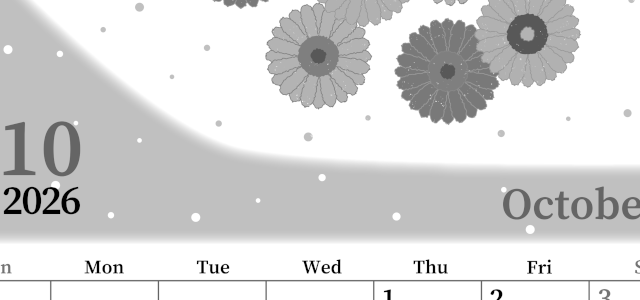 2026年10月縦型モノクロの日曜始まり ダリアの花イラストのおしゃれA4無料白黒カレンダー(2026-00391010)
