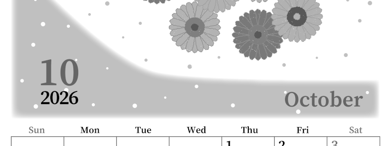 2026年10月縦型モノクロの日曜始まり ダリアの花イラストのおしゃれA4無料白黒カレンダー(2026-00391010)