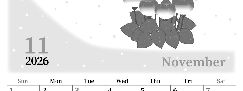 2026年11月縦型モノクロの日曜始まり シクラメンがおしゃれなイラストA4無料白黒カレンダー(2026-00391110)