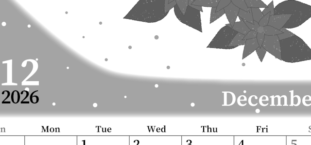 2026年12月縦型モノクロの日曜始まり ポインセチアがおしゃれなイラストA4無料白黒カレンダー(2026-00391210)