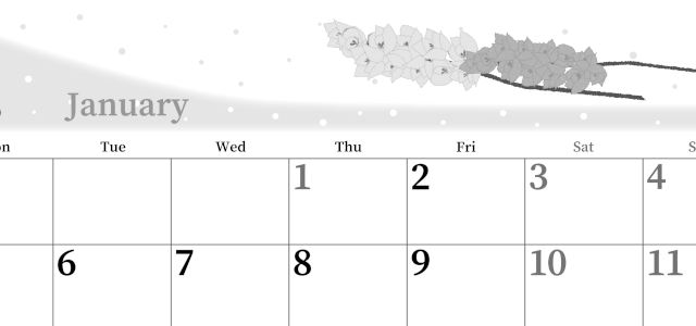 2026年1月横型モノクロの月曜始まり 花イラストのおしゃれA4無料白黒カレンダー(2026-00390101)