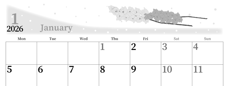 2026年1月横型モノクロの月曜始まり 花イラストのおしゃれA4無料白黒カレンダー(2026-00390101)
