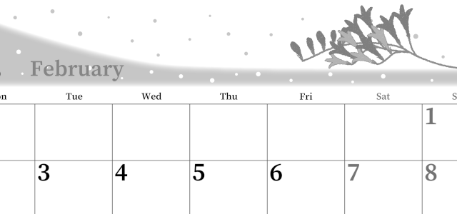 2026年2月横型モノクロの月曜始まり 花がおしゃれなイラストA4無料白黒カレンダー(2026-00390201)