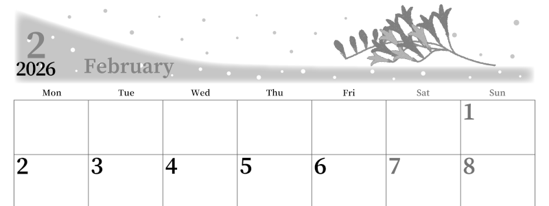 2026年2月横型モノクロの月曜始まり 花がおしゃれなイラストA4無料白黒カレンダー(2026-00390201)