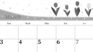 2026年3月横型モノクロの月曜始まり チューリップイラストのおしゃれA4無料白黒カレンダー(2026-00390301)