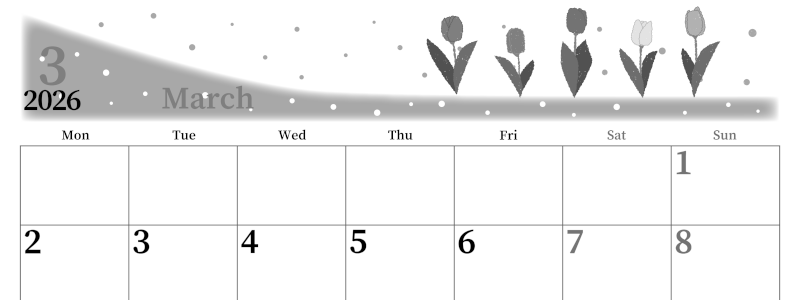 2026年3月横型モノクロの月曜始まり チューリップイラストのおしゃれA4無料白黒カレンダー(2026-00390301)