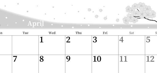 2026年4月横型モノクロの月曜始まり 春のイラストのおしゃれA4無料白黒カレンダー(2026-00390401)