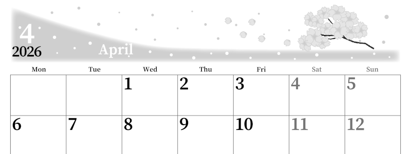 2026年4月横型モノクロの月曜始まり 春のイラストのおしゃれA4無料白黒カレンダー(2026-00390401)