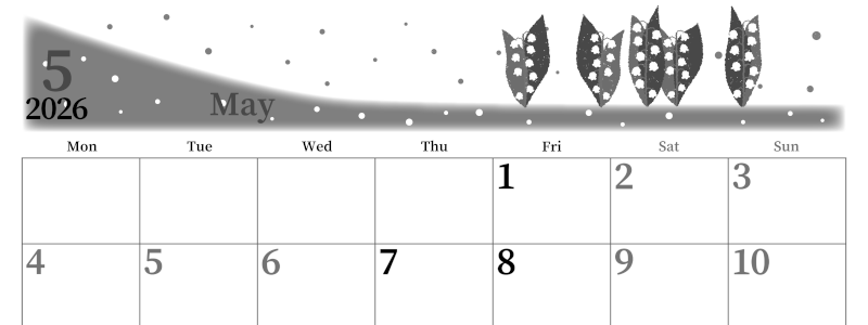 2026年5月横型モノクロの月曜始まり 草花イラストのおしゃれA4無料白黒カレンダー(2026-00390501)