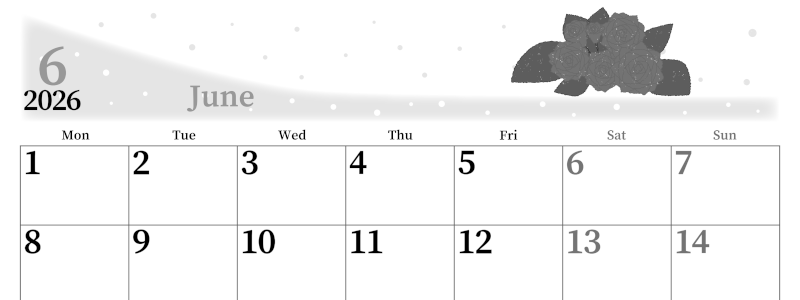 2026年6月横型モノクロの月曜始まり 薔薇イラストのおしゃれA4無料白黒カレンダー(2026-00390601)