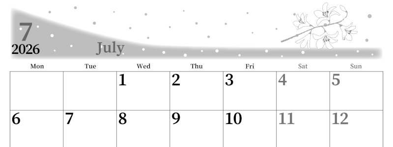 2026年7月横型モノクロの月曜始まり 白ユリのイラストがおしゃれなA4無料白黒カレンダー(2026-00390701)