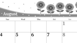 2026年8月横型モノクロの月曜始まり 季節の花イラストのおしゃれA4無料白黒カレンダー(2026-00390801)