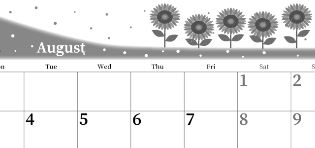 2026年8月横型モノクロの月曜始まり 季節の花イラストのおしゃれA4無料白黒カレンダー(2026-00390801)