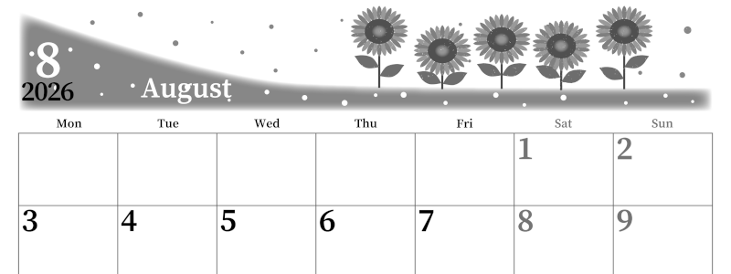 2026年8月横型モノクロの月曜始まり 季節の花イラストのおしゃれA4無料白黒カレンダー(2026-00390801)