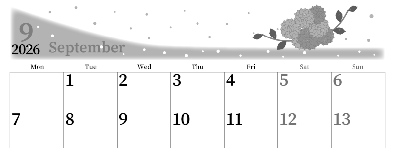 2026年9月横型モノクロの月曜始まり マリーゴールドがおしゃれなイラストA4無料白黒カレンダー(2026-00390901)