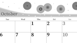 2026年10月横型モノクロの月曜始まり ダリアの花イラストのおしゃれA4無料白黒カレンダー(2026-00391001)